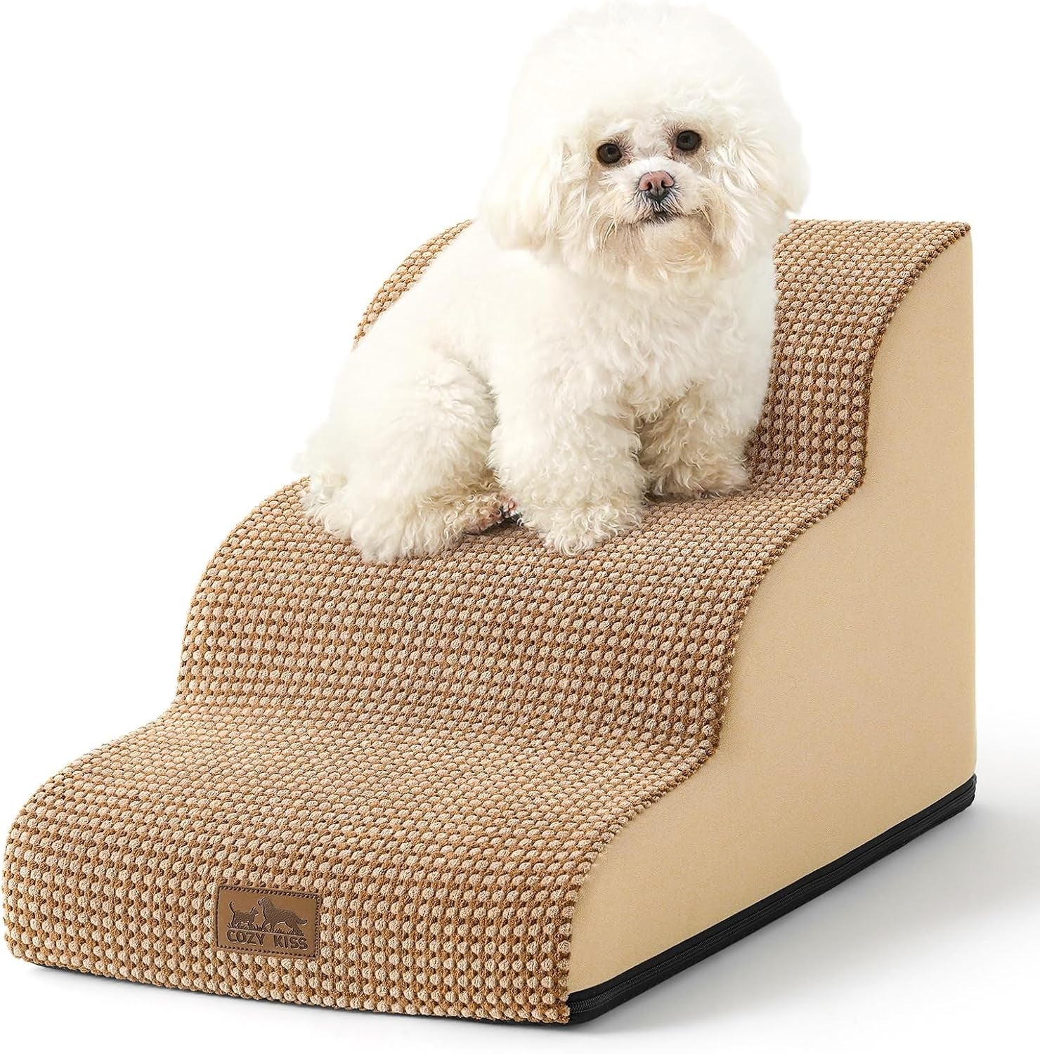Dog Stairs 3 Step Foam Pet Ramp for Bed Sofa Leakproof Brown