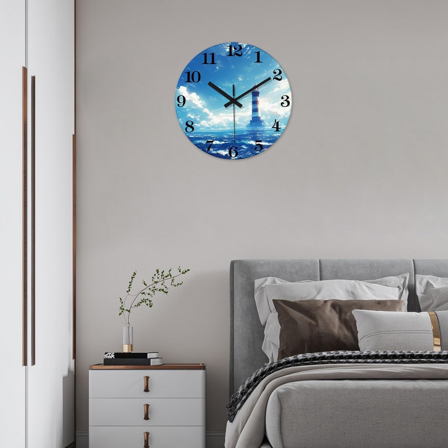 16" Blue Lighthouse Wall Clock Silent Glass Ocean Coastal Decor Modern