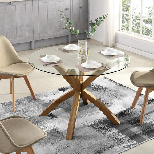 120cm Round Glass Dining Table with Solid Oak Legs Modern Kitchen Table