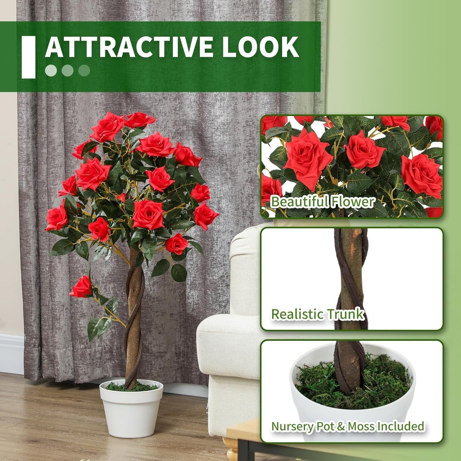 Set of 2 Artificial Rose Trees 90cm Red Faux Flower Plants Home Garden Decor
