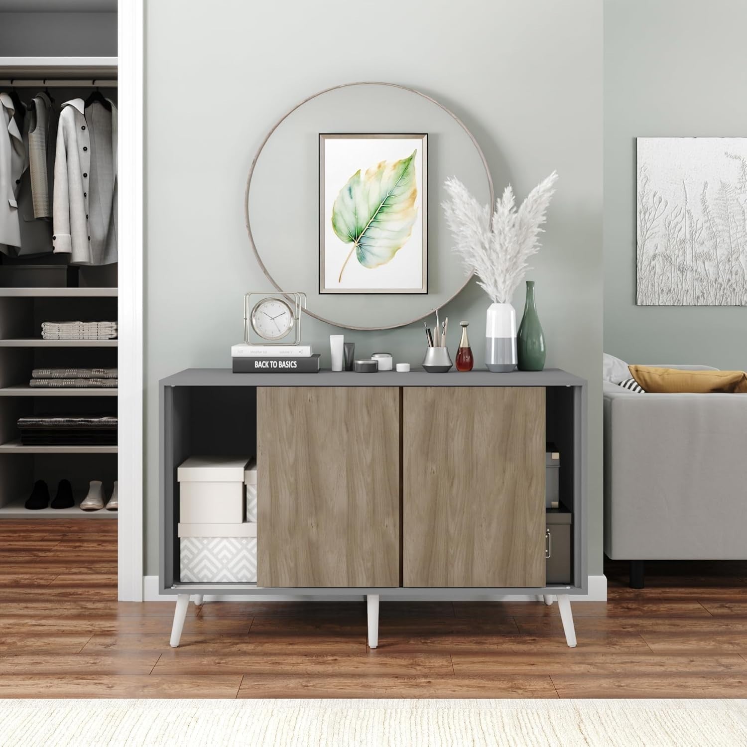 Modern 3-Door Sliding Sideboard Cabinet Oak Doors Wooden Legs Storage Unit