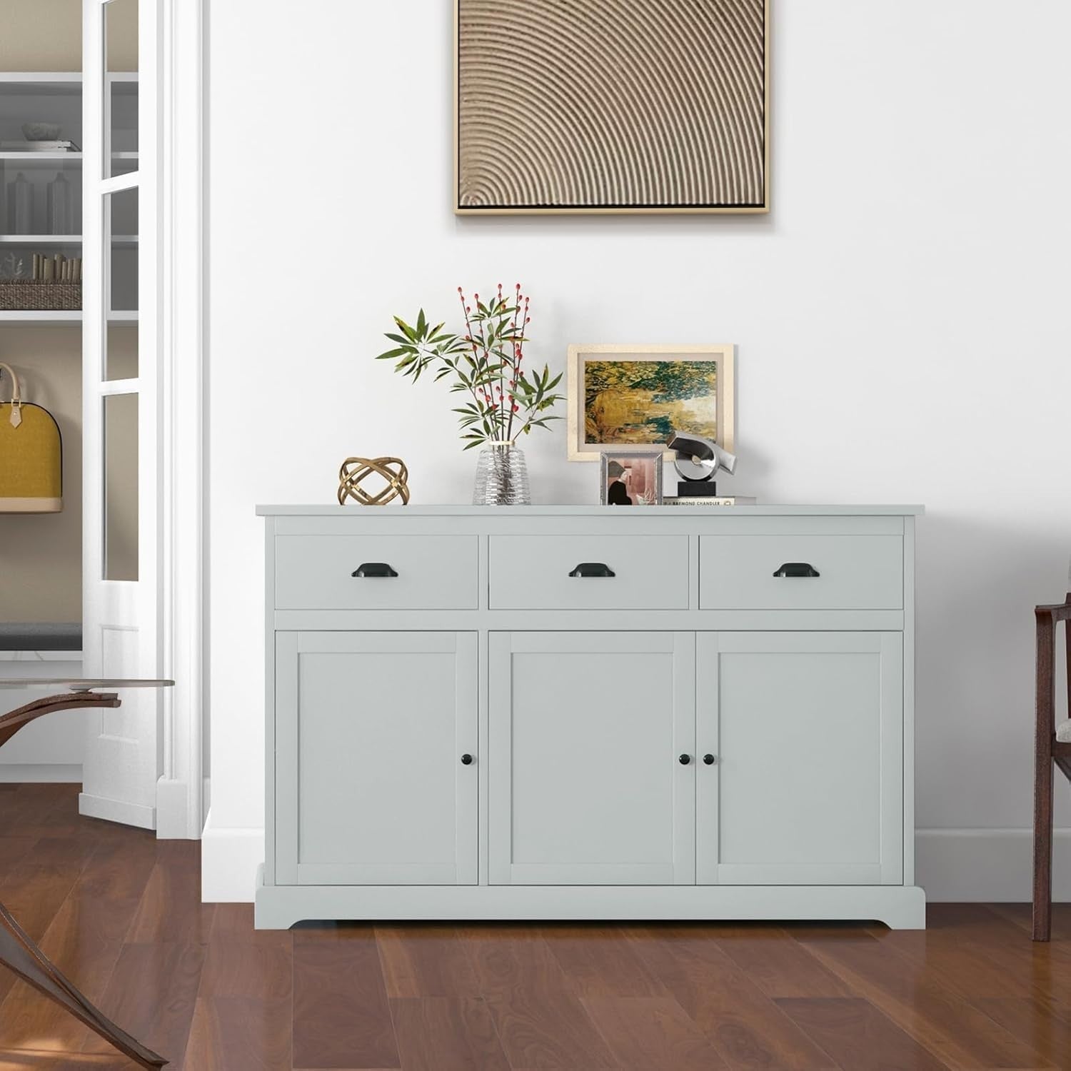 Grey Large Sideboard Buffet Cabinet with 3 Drawers & Adjustable Shelves