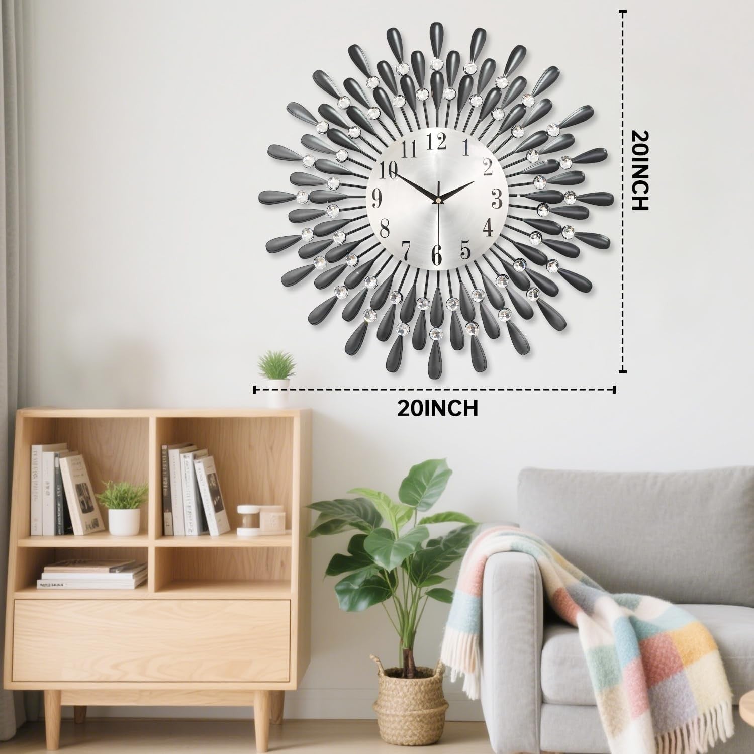 50.8cm Large Diamond Wall Clock – Silent Modern Sunburst Design Black