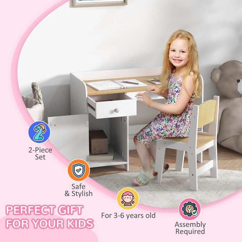 Kids Desk & Chair Set w/ Drawer Storage 3–6 Yr Study Table Toddler White