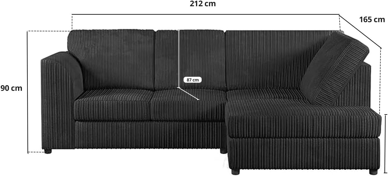 High Back Jumbo Cord 4-Seater Right Hand Corner Sofa Black L-Shape