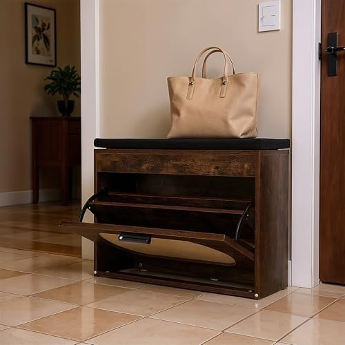 Rustic Brown Shoe Storage Bench with Cushion & Flip Drawer – Hallway Seat