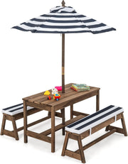 Kids Wooden Picnic Table Bench Set w/ Cushions & Umbrella – Outdoor Play