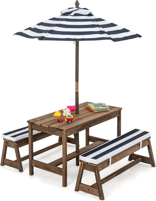 Kids Wooden Picnic Table Bench Set w/ Cushions & Umbrella – Outdoor Play