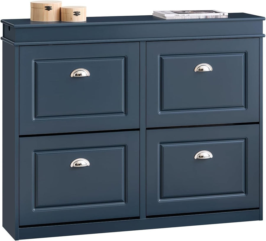 Slim Blue Shoe Storage Cabinet with 4 Flip Drawers, Space-Saving 104x24x83cm