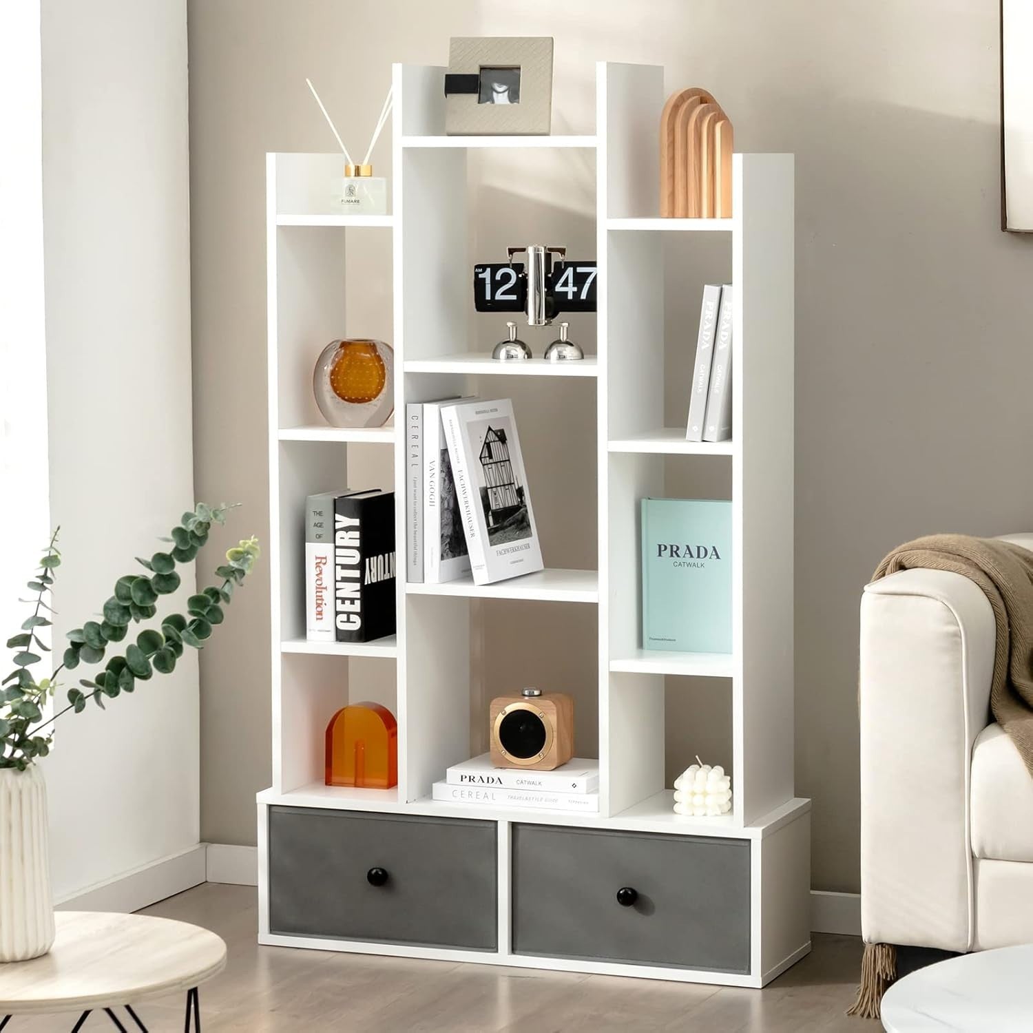 12-Tier White Wooden Bookshelf with 2 Foldable Drawers, Waterproof Storage