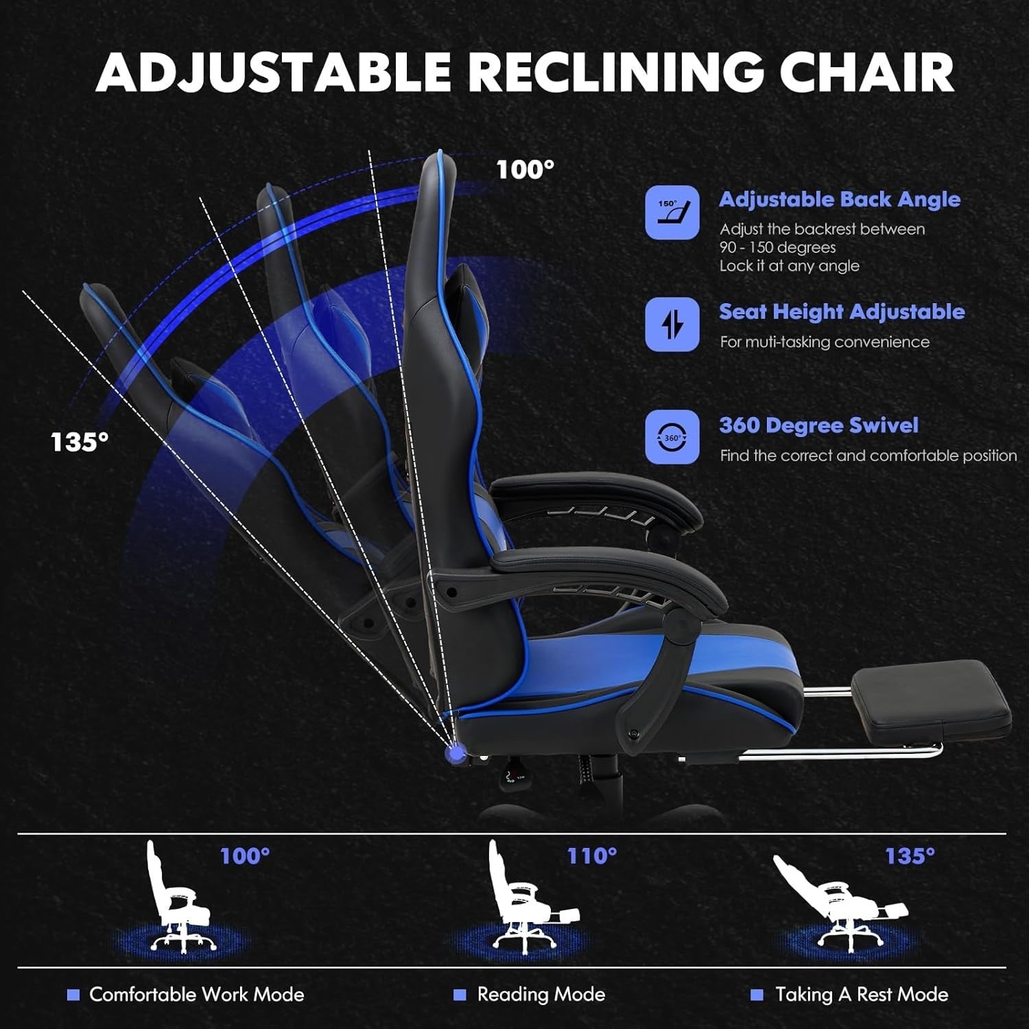 High Back Gaming Chair with Footrest Blue Faux Leather Computer Office Swivel Se
