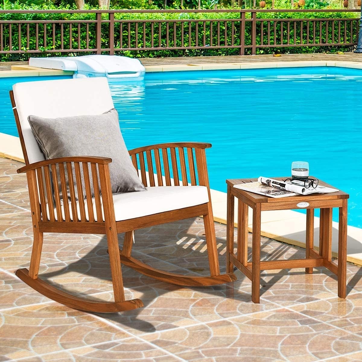 Garden Rocking Chair with Side Table, Acacia Wood, Padded Seat Outdoor Set