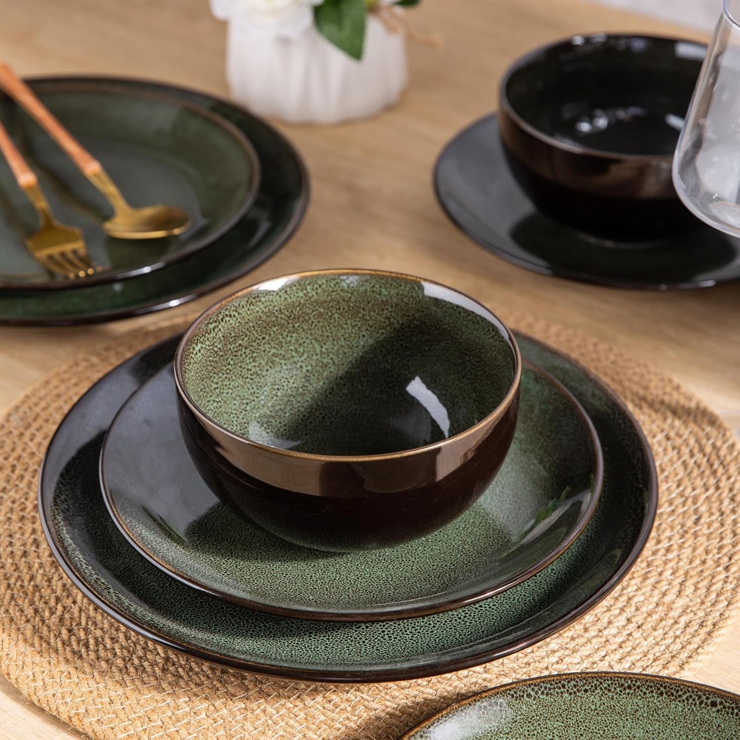 12 Piece Stoneware Dinner Set for 4 Jade Green Reactive Glaze Plates Bowls