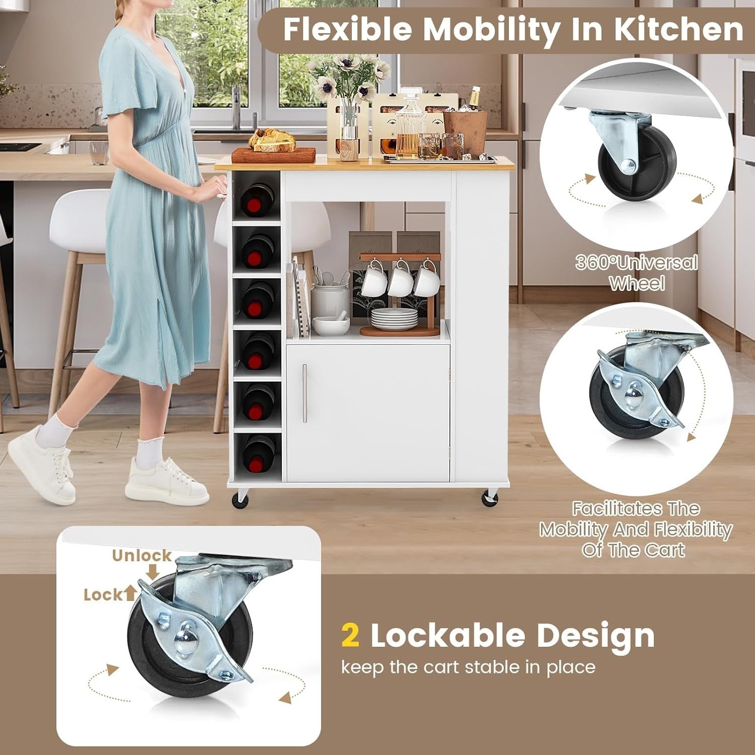Kitchen Island Trolley on Wheels Bamboo Top Wine Rack