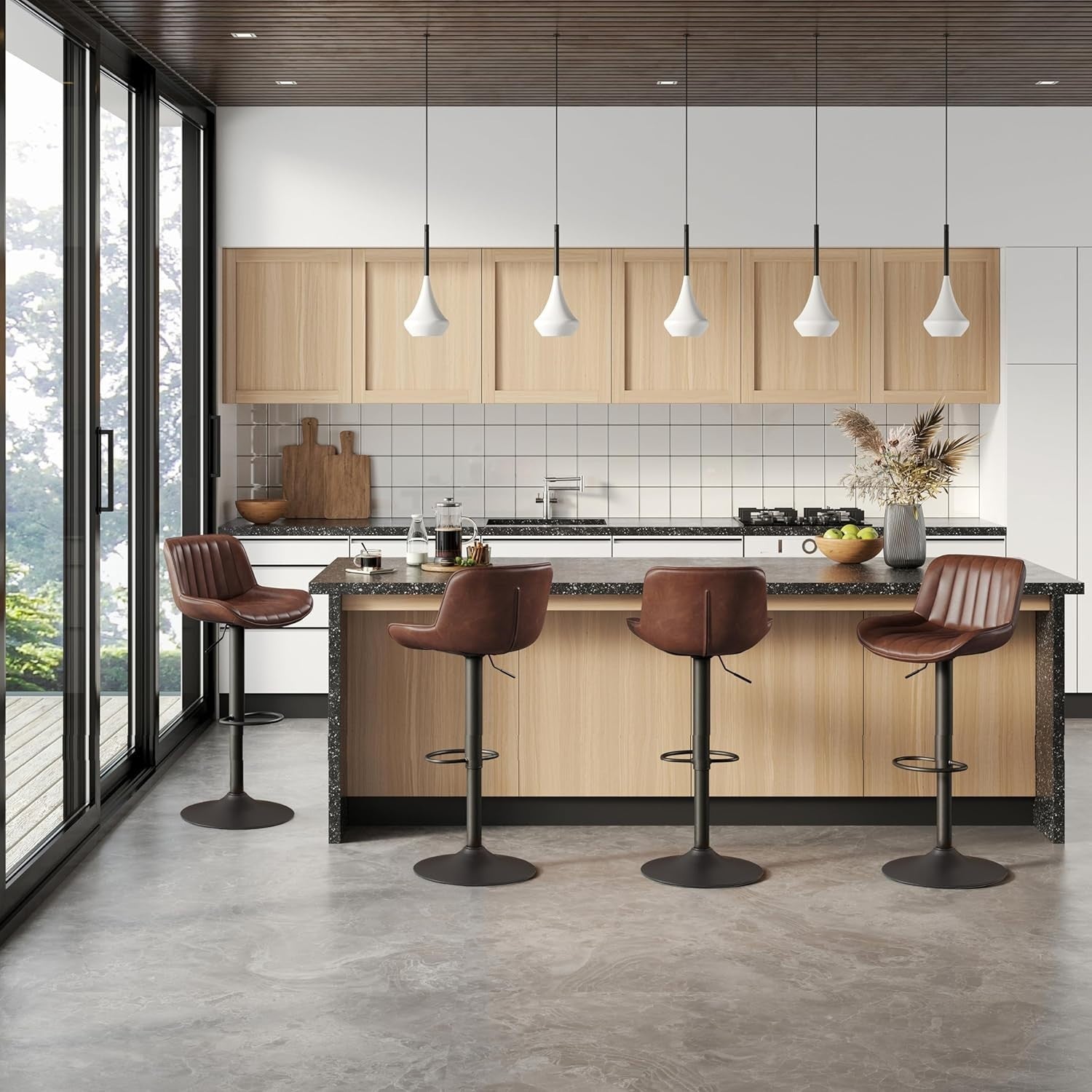 Cognac Brown Bar Stools Set of 2 | Memory Foam Seat, Adjustable Swivel