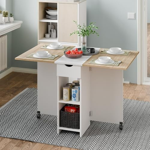 Drop Leaf Folding Dining Table with Drawer Shelves Wheels Oak White Small Space