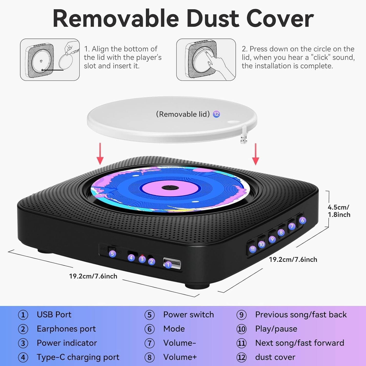Portable CD Player Bluetooth Speakers FM Radio USB AUX Remote Black