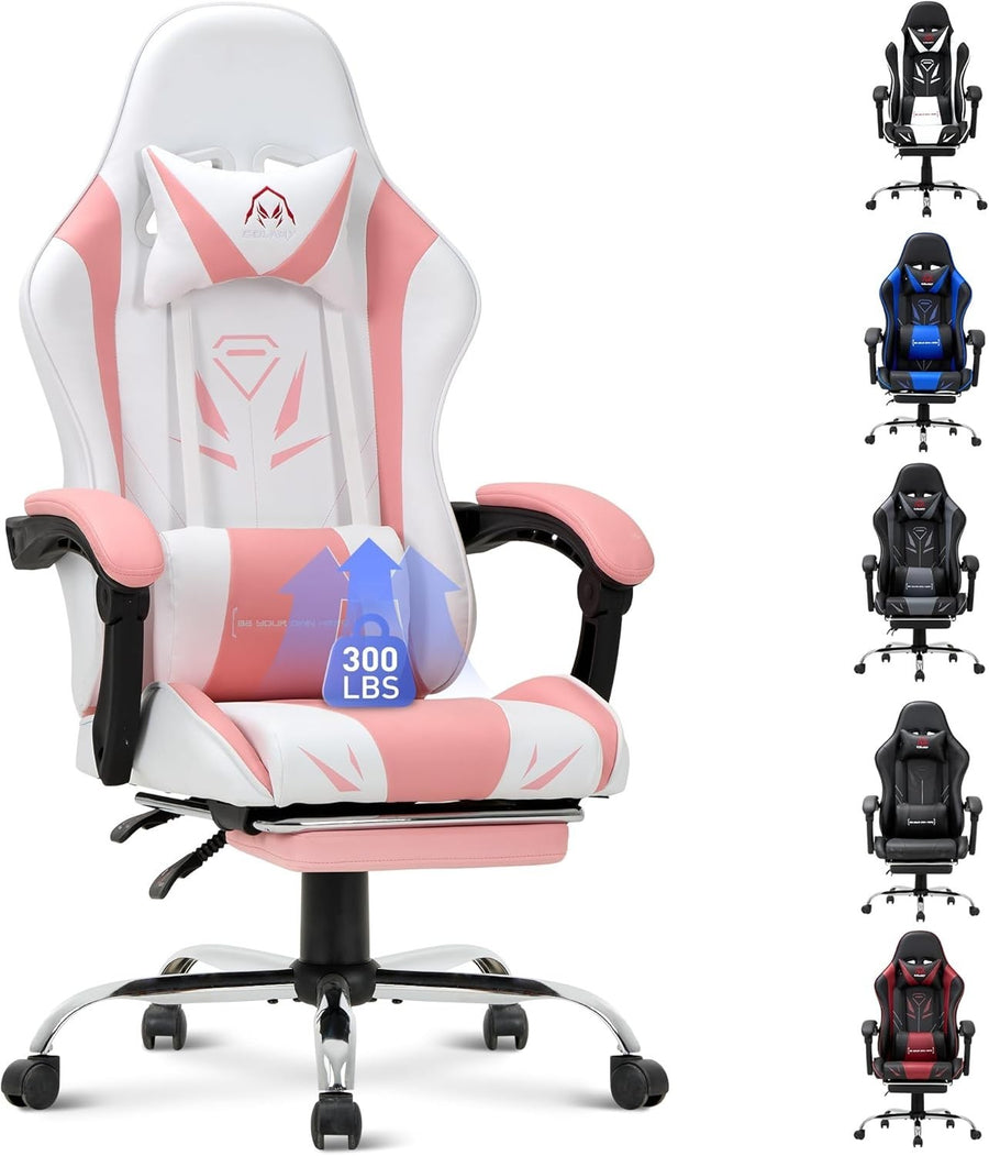 High-Back Pink Gaming Chair for PC/Video Gamers - Faux Leather Swivel Modern