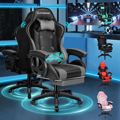 Gaming Chair Recliner Office Desk Swivel w/ Massage Lumbar Support Faux Leather