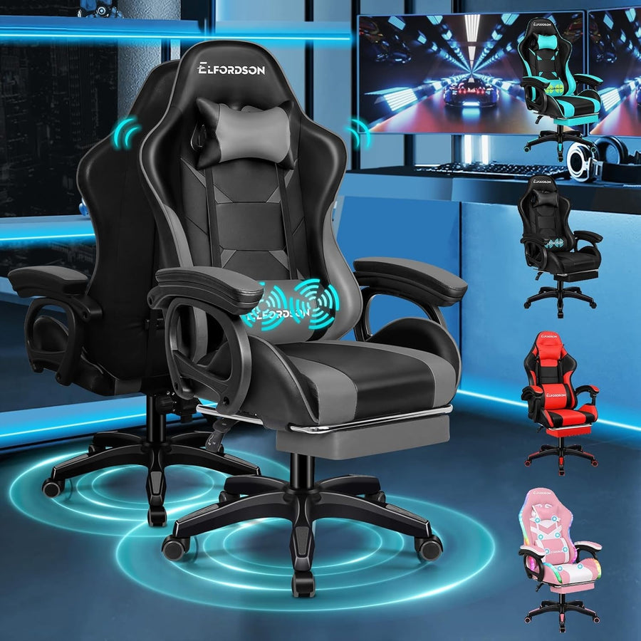 Gaming Chair Recliner Office Desk Swivel w/ Massage Lumbar Support Faux Leather