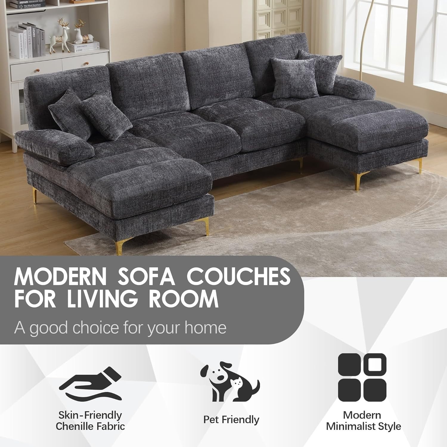 4 Seater U-Shaped Sofa Grey Chenille Sectional with 2 Chaise Lounges