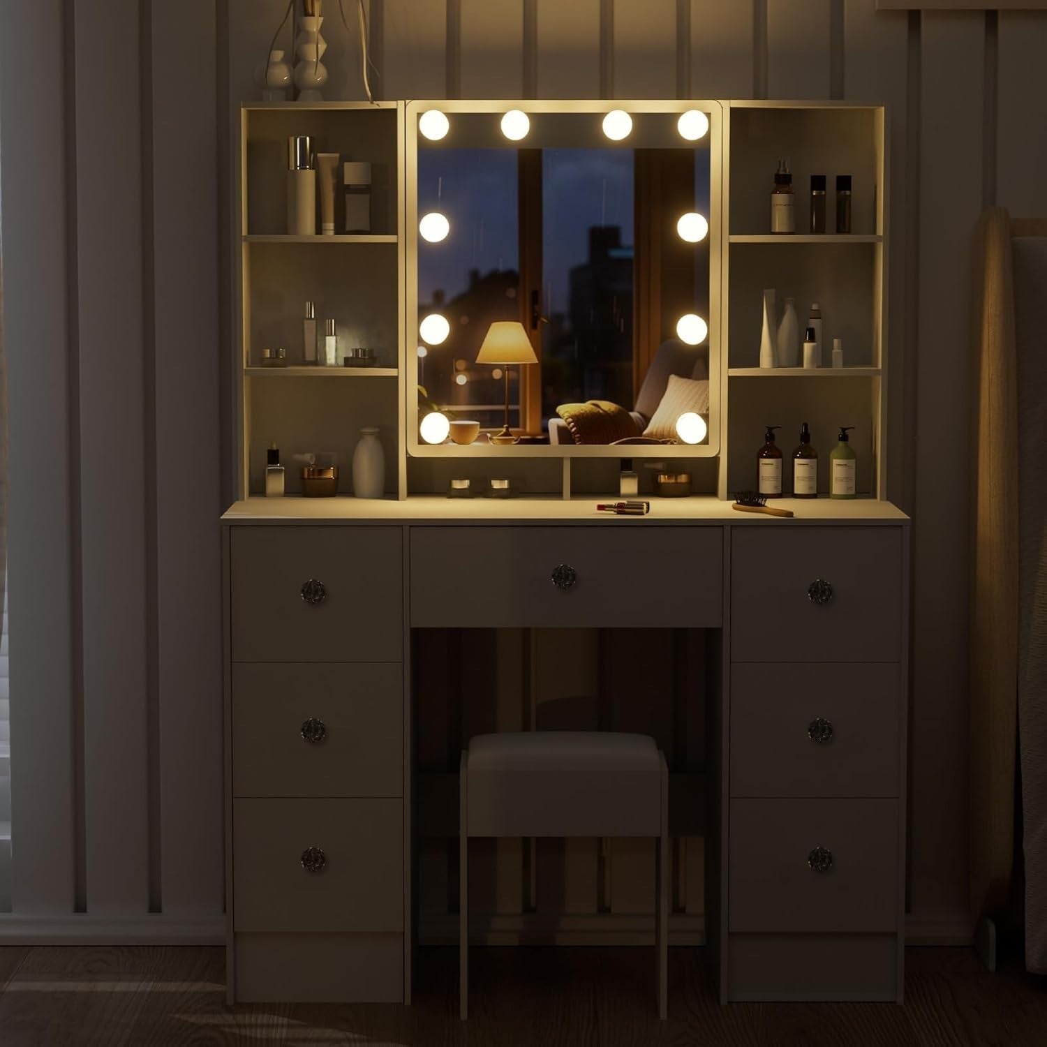 Vanity Makeup Desk 7 Drawers LED Lights Modern White Dressing Table Wood Large