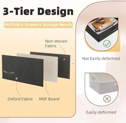 Black Metal Shoe Storage Bench, Cushion Seat & Fabric Drawers Entryway Organizer
