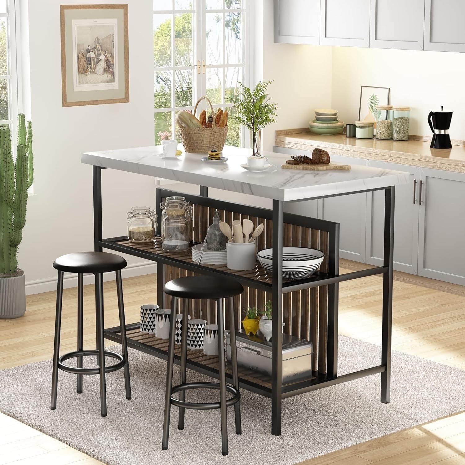White Kitchen Island with Bar Stools & Storage, Small Dining Table Set