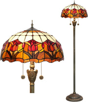 Red Tulip Stained Glass Floor Lamp with Vintage Bronze Base & Foot Switch