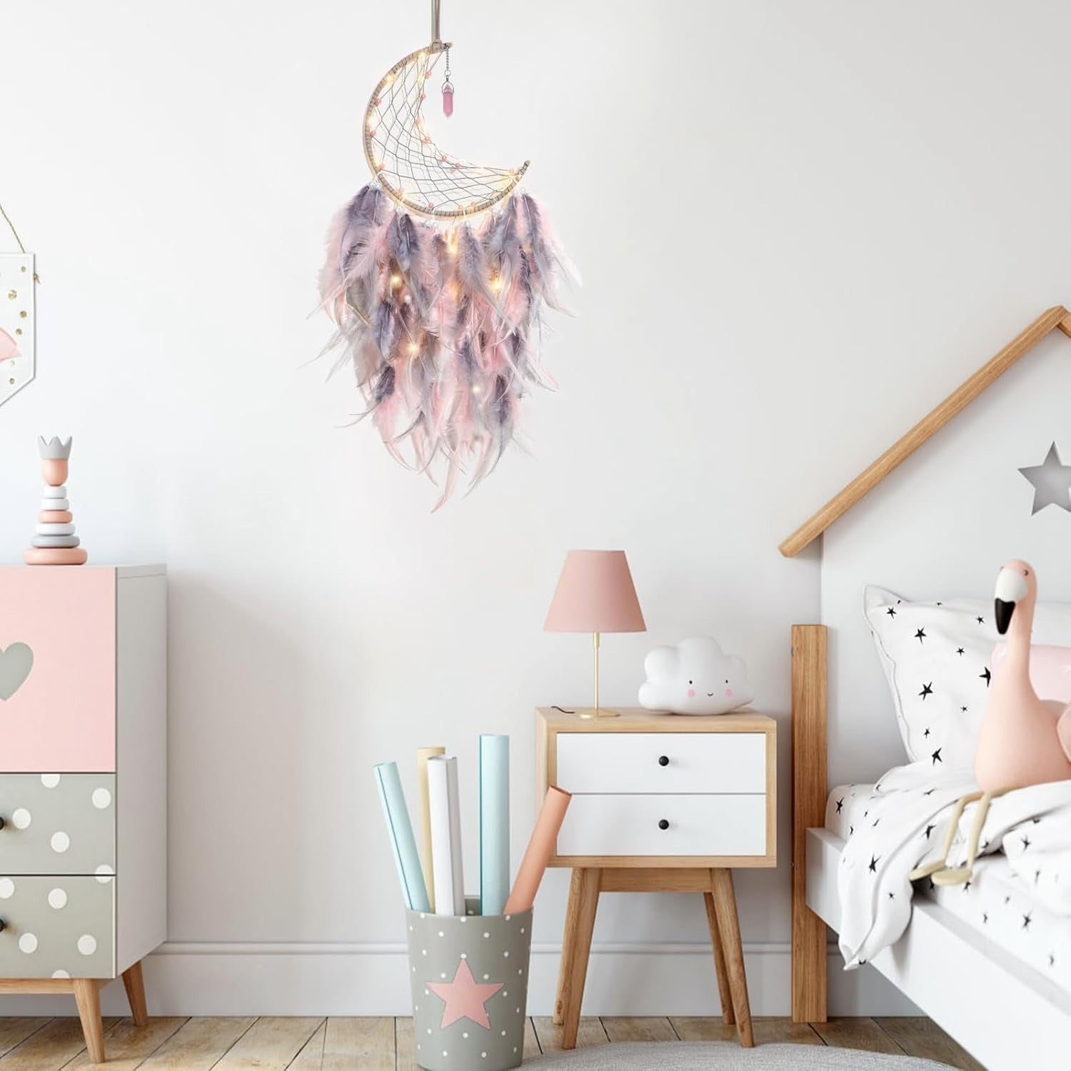 Boho Moon Dream Catcher Pink Grey Feathers Fairy Lights Wall Decor