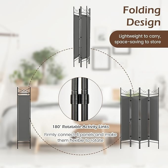 Grey 4 Panel Folding Room Divider – Freestanding Privacy Screen with Removable