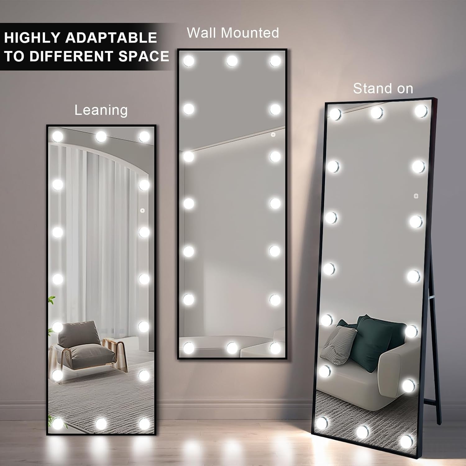 LED Hollywood Full-Length Mirror 140x50cm with Dimmable Lights & 3 Modes