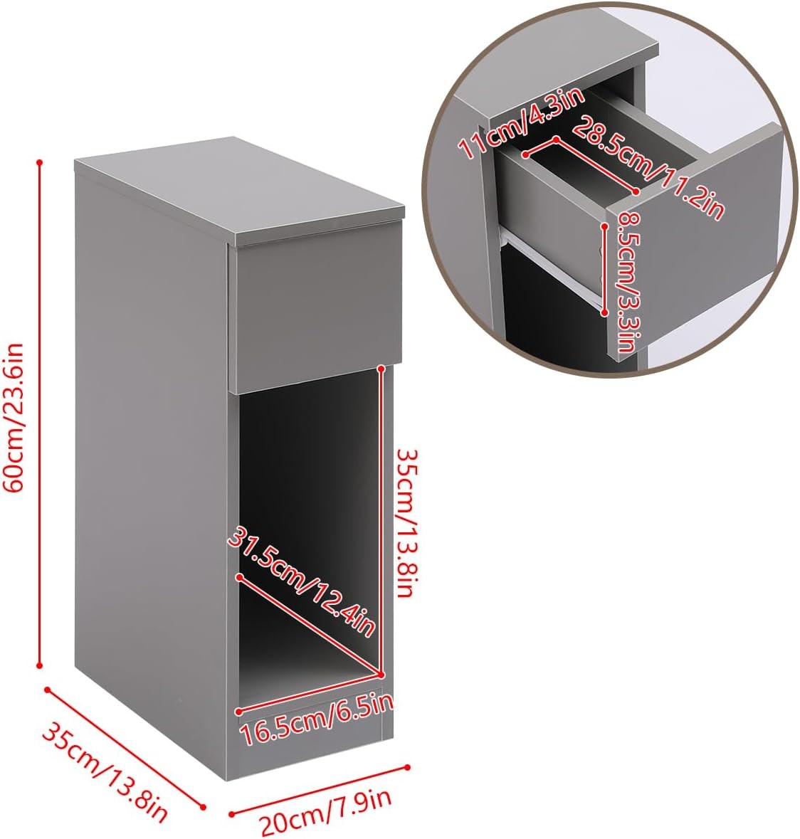 Slim Grey Bedside Table with Drawer & Shelf Narrow Nightstand Small Storage