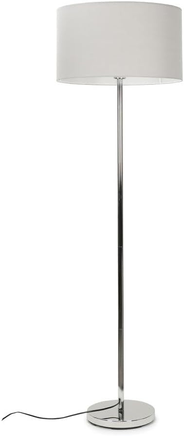 Modern Floor Lamp Chrome Standing Light Grey Drum Shade Living Room Bedroom
