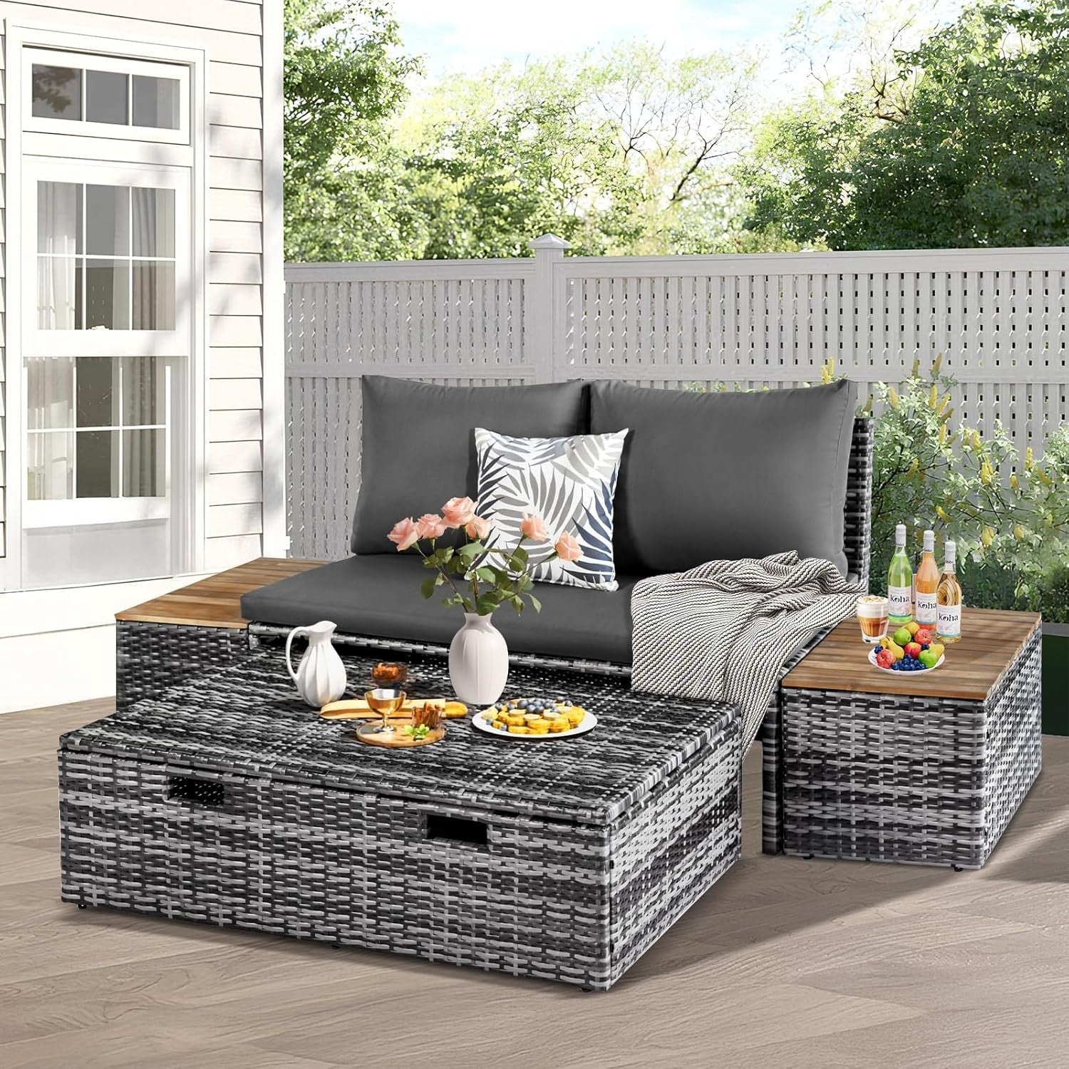 Outdoor Rattan Daybed Set with Storage Ottoman & Side Tables, Weatherproof Patio