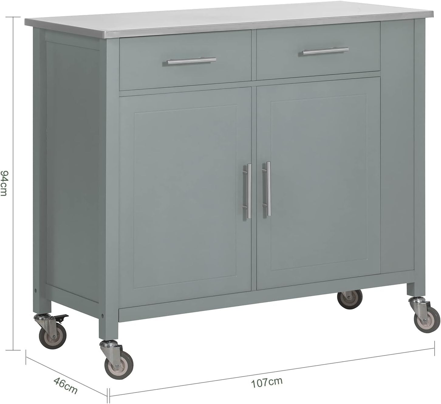 Rolling Kitchen Island Trolley Cart Grey with Drawers & Steel Top 107x46x94cm