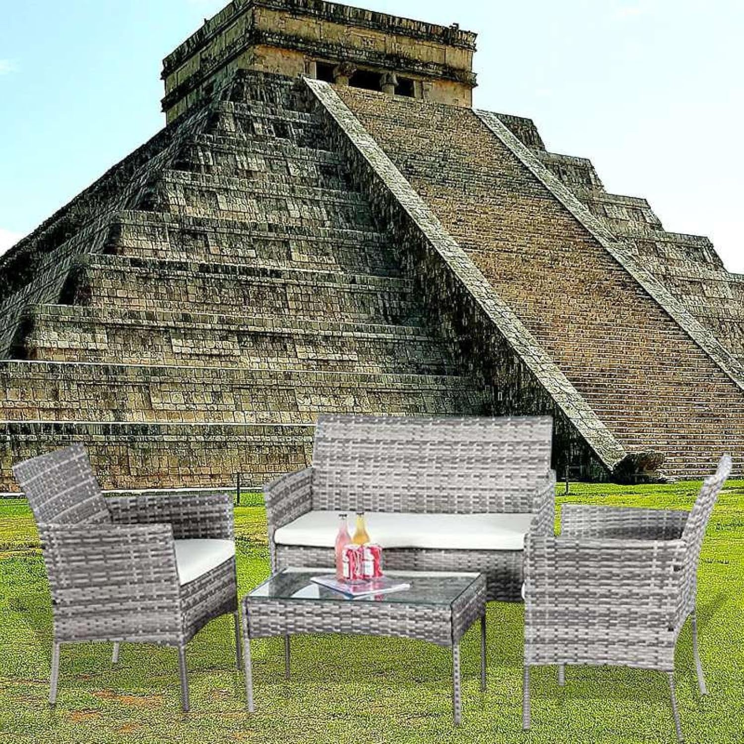 4-Piece Mix Grey Rattan Garden Patio Sofa Set with Tempered Glass Table