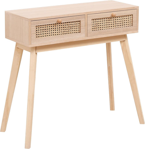 Modern Console Table with 2 Drawers, Rattan Storage, Pine Legs, Natural Wood Ton
