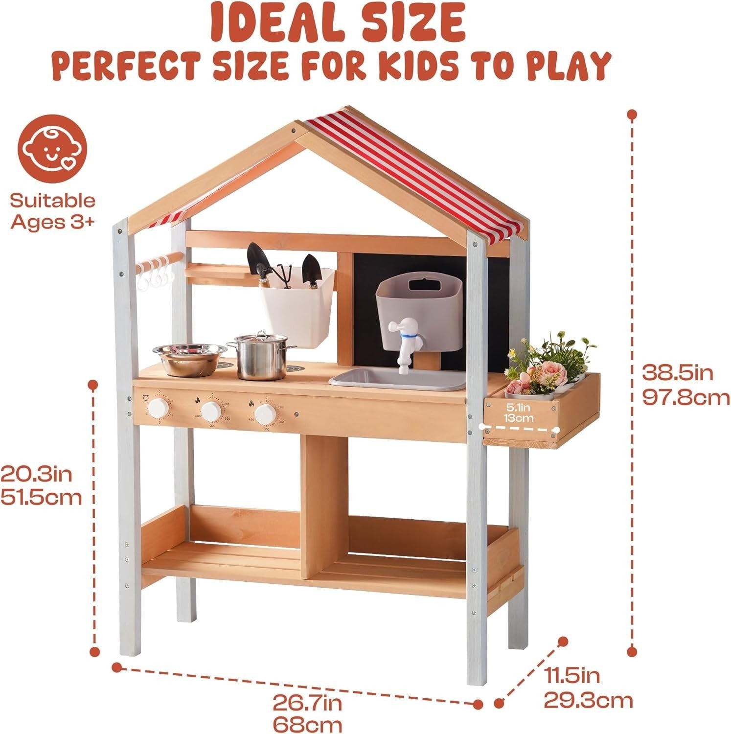 Outdoor Wooden Mud Kitchen Kids Playset Canopy Sink Garden Toy