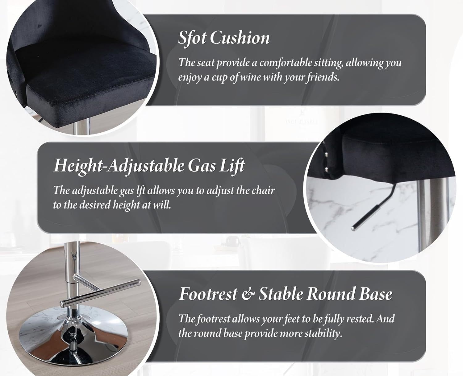 Luxury Velvet Bar Stools Set of 2 | Black Swivel Counter Chairs w/ Lion Detail
