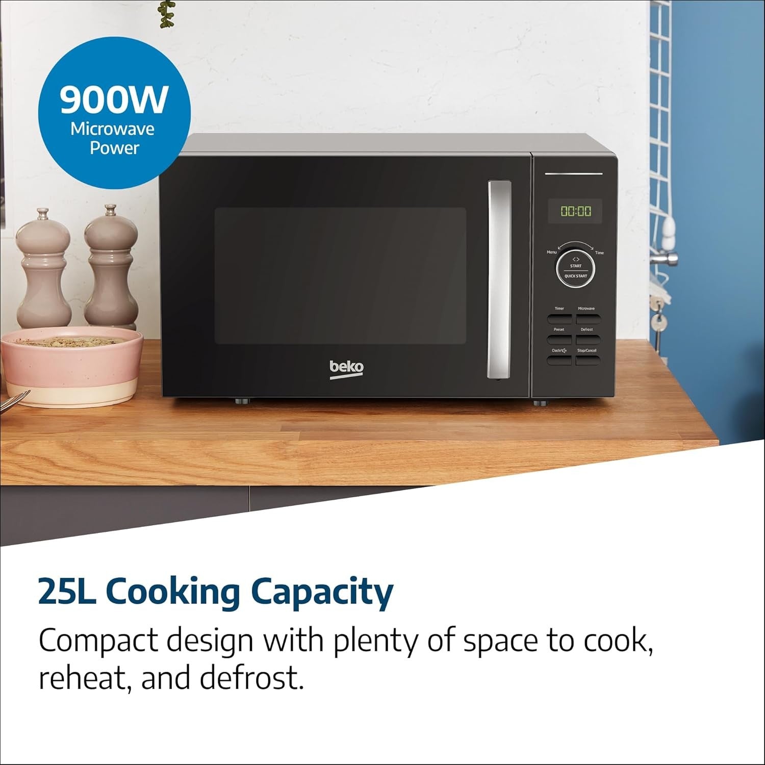 25L Microwave 900W Black Auto Cook & Defrost