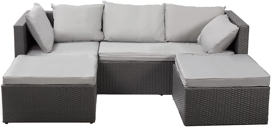 Outdoor Rattan 3-Seater Sofa Set with Chaise Lounger & Footrest Cushions