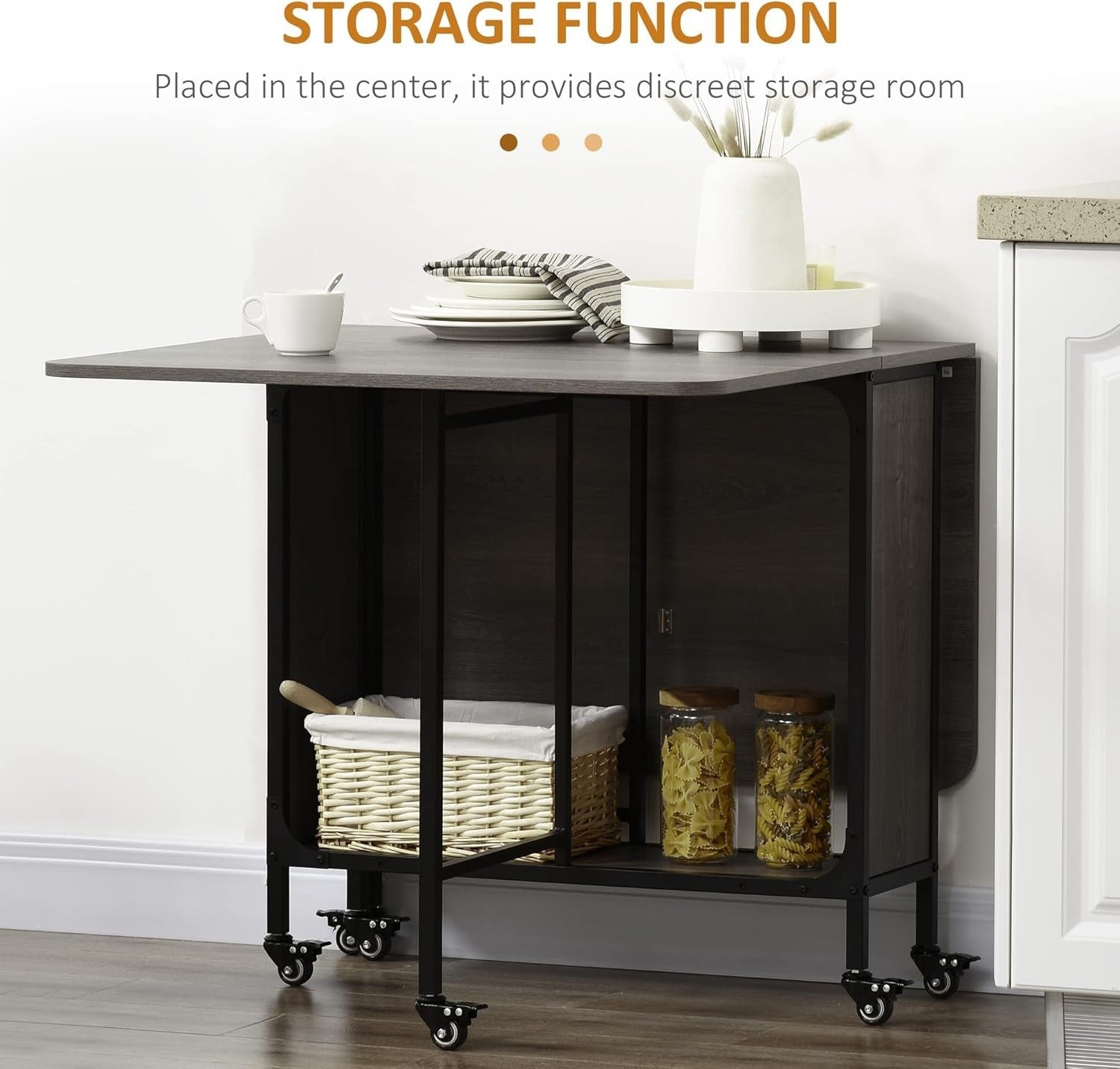 Foldable Drop Leaf Dining Table on Wheels Grey Space-Saving Kitchen Desk