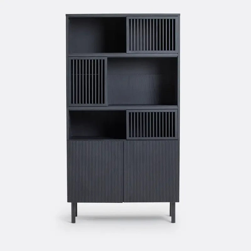 Black Oak Bookcase Cabinet with Sliding Doors & Soft Close Hinges 168cm