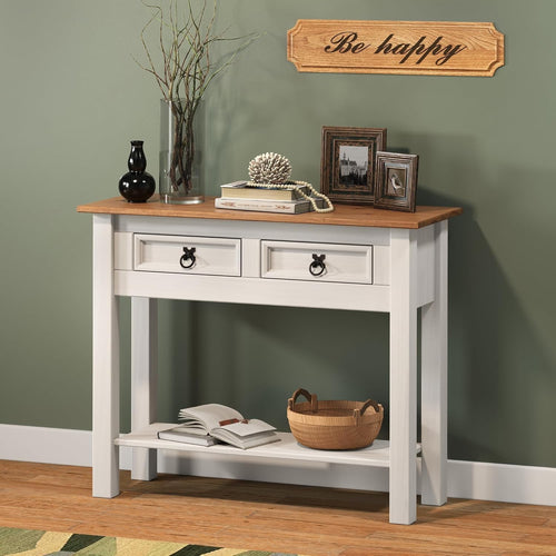 White Pine Wood Console Table with 2 Drawers & Shelf – Stylish & Sturdy