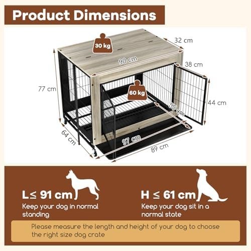 Luxury Indoor Dog Crate Furniture with Wheels, Pull-Out Tray & 3 Doors