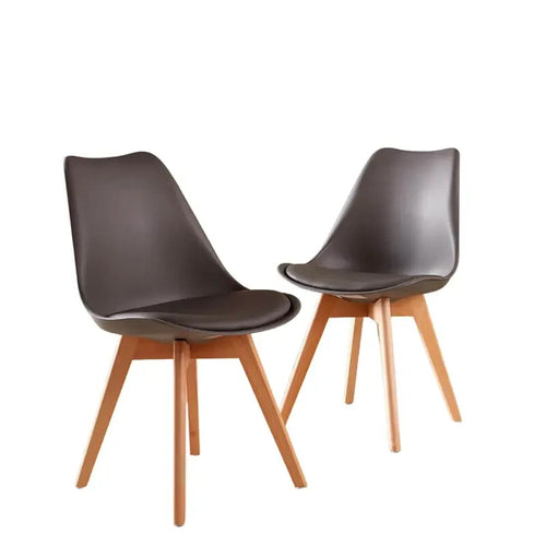 Pair Grey Tulip Dining Chairs Faux Leather Seat Wood Legs Kitchen Set