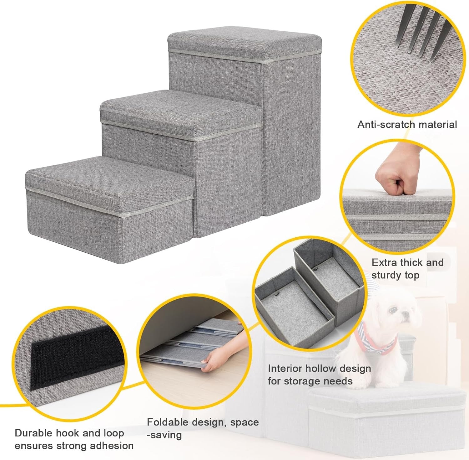 Dog Stairs with Storage 3 Step Pet Steps for Bed Sofa Grey