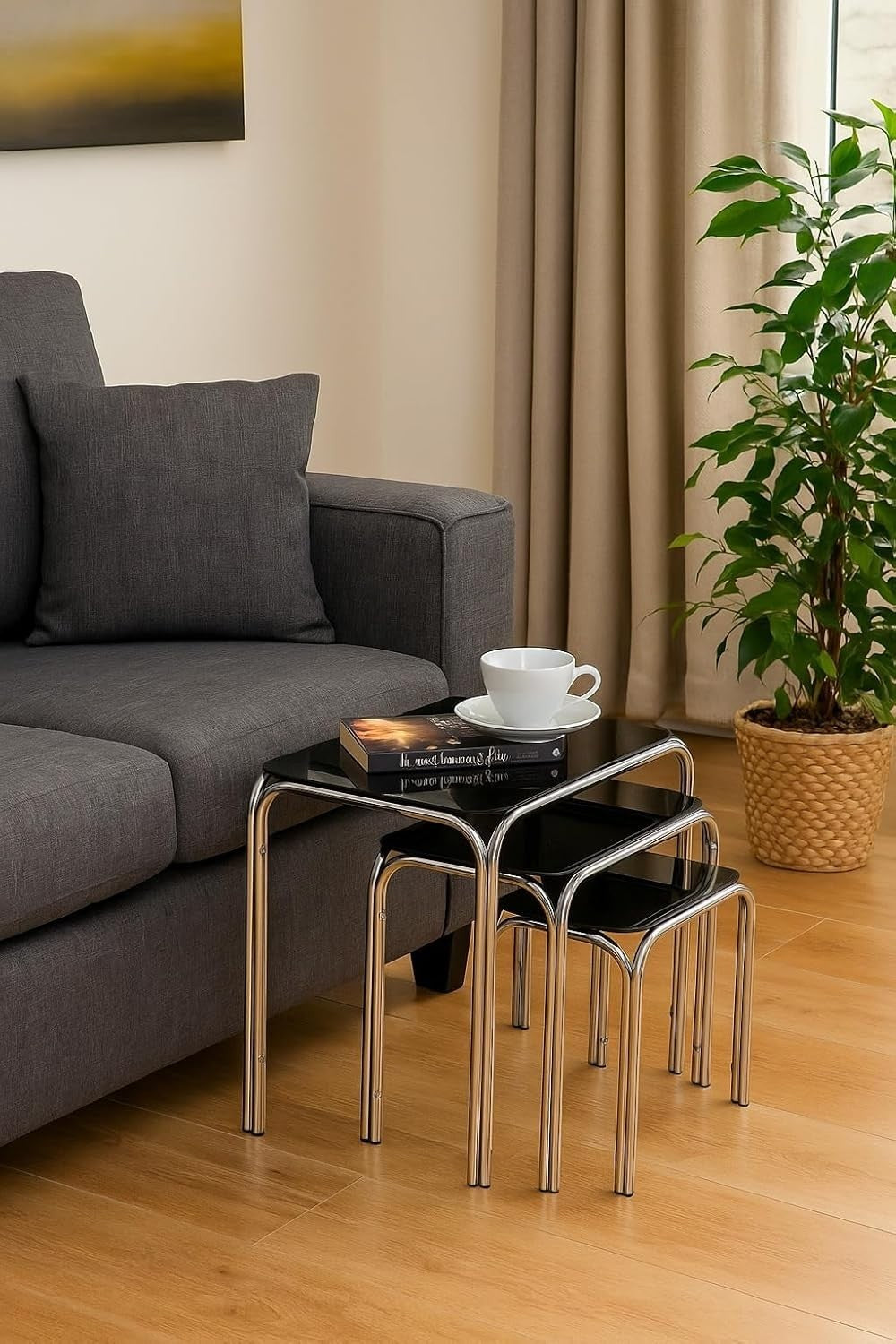 3pc Black Glass Nesting End Tables Set Modern Chrome Legs Living Room Furniture