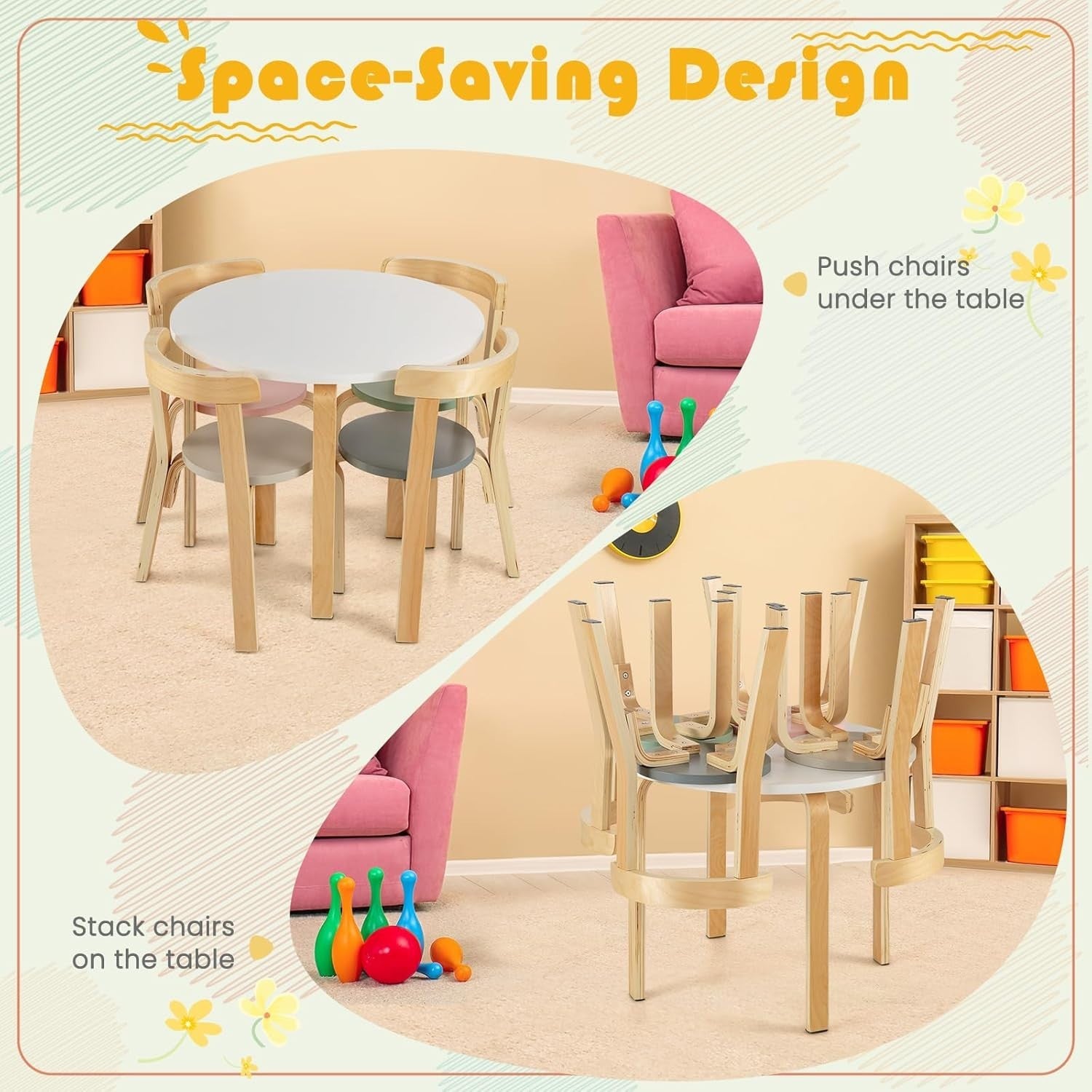 Kids 5-Piece Table & Chair Set, Wooden Round Activity Furniture for Play & Learn